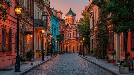 Fototapeta premium Picturesque European City Street at Dawn with Cobblestone Paths and Lush Ornamental Trees Evoking a Sense of Calm and Reflection