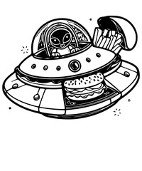 Alien in a ufo with burger and fries