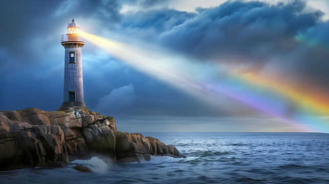 A lighthouse beaming rainbow light across the sea - Powered by Adobe