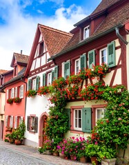 Fototapeta premium Colorful, historic houses line a cobblestone street, adorned with vibrant flowers and greenery
