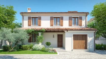 A picturesque, two-story home with a terracotta roof and brown shutters.
