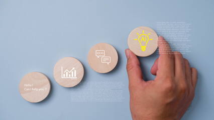 Quick Tips for Smart Creative People with AI, Conceptual image of artificial intelligence innovation with magnifying glass highlighting AI lightbulb symbol on blue background. Ideal for technology.