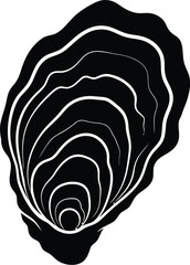 Black and white illustration of an oyster shell with detailed concentric lines.