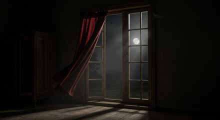 The wind from the window flutters the curtains in the old house in the moonlight.