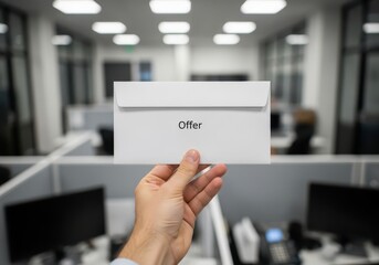 Hand holding a white envelope with cfet written on it in an office