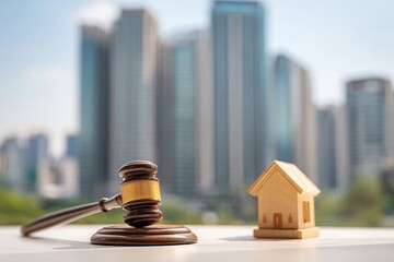 Gavel and miniature house on desk, city backdrop