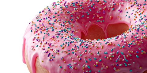 Close-up of a frosted donut, dripping with pink icing and covered in colorful sprinkles