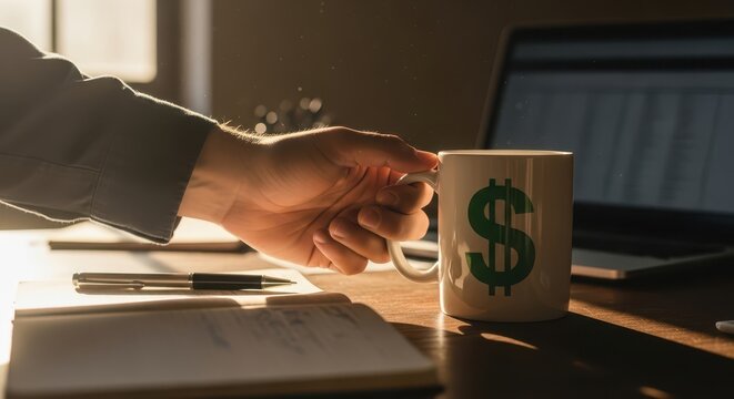 Businessman holding coffee mug with dollar sign at desk with laptop - Powered by Adobe