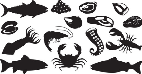Seafood silhouette vector, crab clipart design, fish silhouette icon, shrimp vector design, seafood restaurant logo, prawn symbol vector, marine food illustration, crab seafood symbol, fish market log