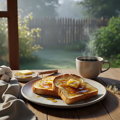 Hot Coffee and Toast with Steam on a Morning Table