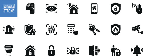Security and Home Icons Vector – Eye, Camera, House, Lock, Key, Alarm, Safety, Protection, Guard, Control, Secure, Police, Property, Flat, Black, Isolated, Design, Symbol