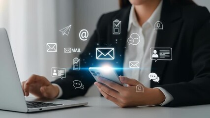 Businesswoman using smartphone and laptop for email communication, surrounded by digital mail, message, and social media icons, representing modern office work, technology, internet, and online - Powered by Adobe