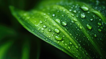 Fresh green leaf with glistening water droplets, a symbol of nature's delicate beauty