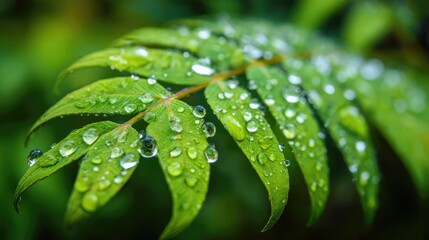 Fresh green leaf with glistening water droplets, a symbol of nature's delicate beauty