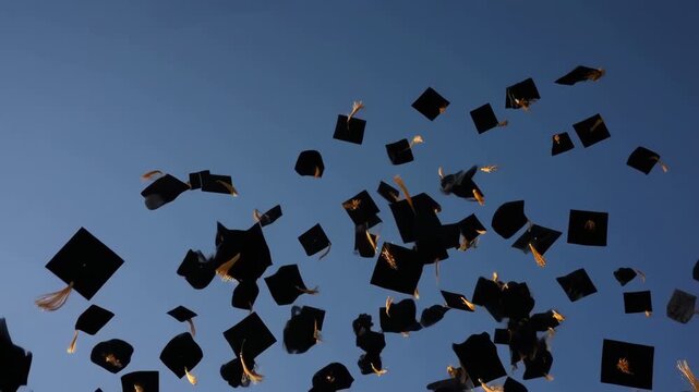 Graduates throwing mortarboards into the air in a sunny day