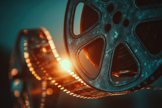 Close-up of vintage film reel and strip, bathed in warm light - Powered by Adobe