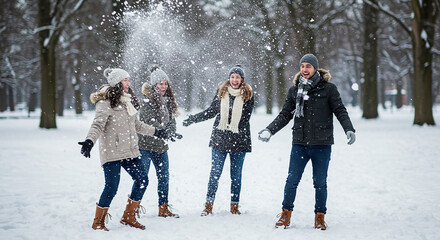 A playful snowball fight between friends in a snowy park, wearing colorful winter clothes, snow flying mid-air, happy expressions, daylight, ultra-realistic action shot