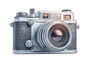 Vintage silver camera, front view.  Detailed, 3D model of an antique camera, showing metal body and lens, with a slight aged look