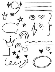 Sketch line arrow element, star, heart shape. Hand drawn doodle sketch style circle, cloud speech bubble grunge element set. Arrow, star, heart brush decoration. Vector illustration