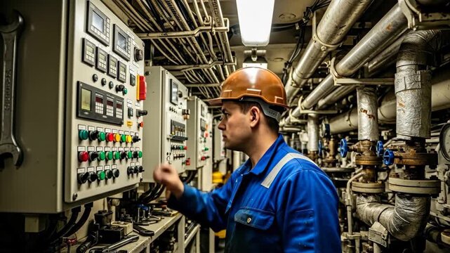 Mechanical Engineer in a Ship's Engine Room Inspecting Control Panels, Maintenance Technician in Protective Gear Working on Industrial Equipment