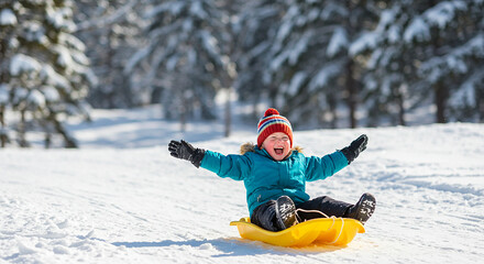 Children sledding down a snowy hill, laughing with joy, colorful sleds and jackets, snowy background, motion captured moment, bright winter light