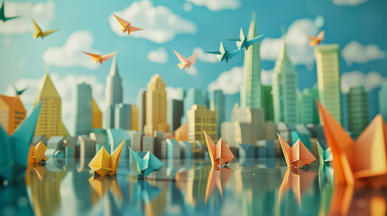 A city skyline made of floating origami 