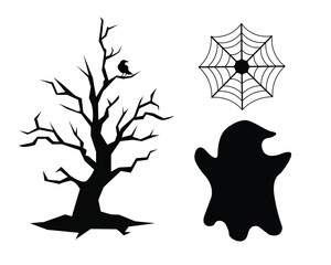 Halloween Silhouette Set with Haunted Tree, Ghost and Spider Web