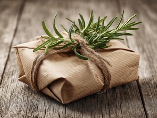 Wrapped gift box, tied with twine, adorned with rosemary sprig