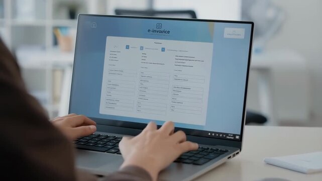 Office worker filling online electronic invoice form on laptop
