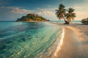 Obraz premium Tranquil island beach at golden hour