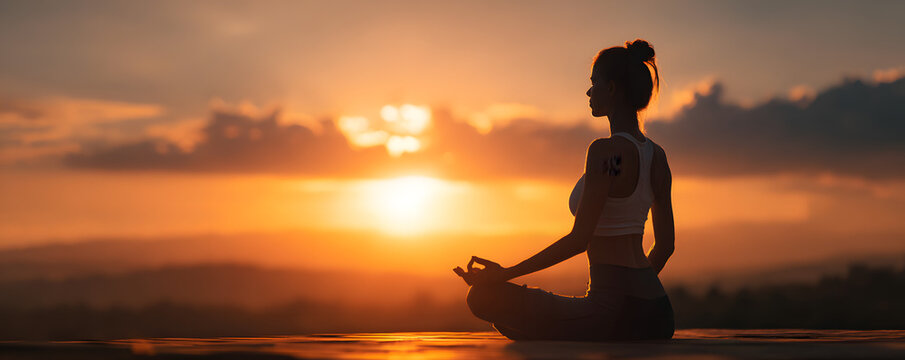 Mind and soul mantra yoga meditation, spiritual mental health practice with woman pose peaceful relaxation training with sunset golden hour summer june solstice sun and sky