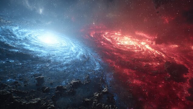 Cosmic duality; swirling galaxies in red & blue
