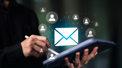 Digital email marketing strategy with envelope icon and user network graphics, representing...