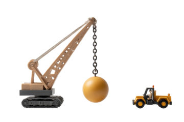 A beige construction crane with a large yellow ball suspended by a chain. A small yellow truck is beside it