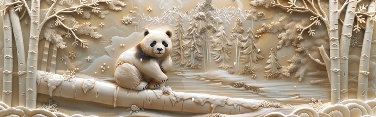 Relief wall, there is an embossed scene of the giant panda sitting on a tree trunk in front and two white birches behind it.