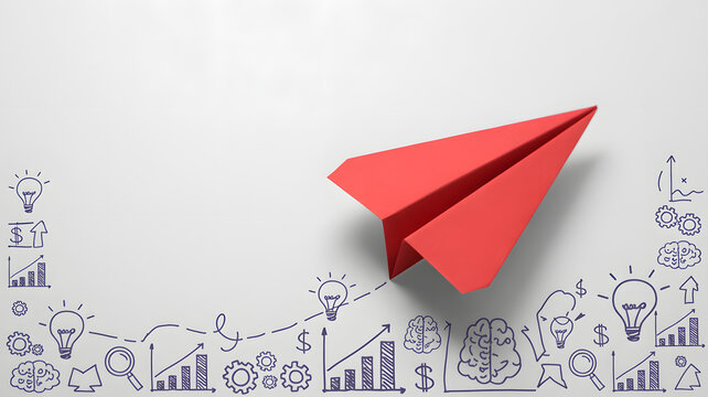 A red paper airplane flying above hand drawn business icons on a white background illustration