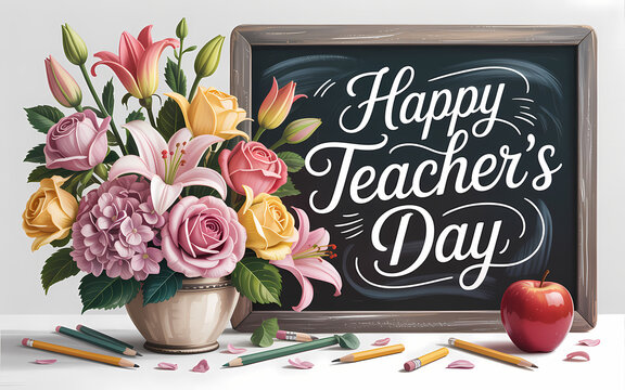 Elegant Teachers Day greeting card with Flowers, Books, and Chalkboard. 