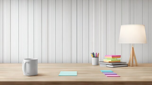 Workspace scene with a white mug, lamp, and colorful sticky notes. - Powered by Adobe