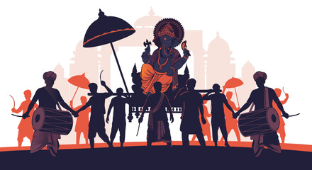 Ganesha Procession with Drummers and Umbrellas: Ganesha Chaturthi Celebration
Hindu Festival Parade: Ganesha Idol Carried by Devotees
Spiritual Ganesha Visarjan Illustration: Traditional Indian Art