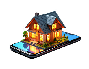 A - Angled Perspective of Miniature House on Smartphone, Glowing Windows, Transparent PNG.
