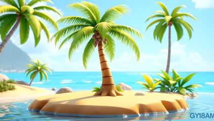 3D cartoon palm tree and tropical island at the summer solstice