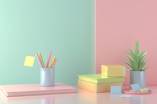 Abstract 3D rendered pastel stationery and school supplies composition with notebooks and pencils