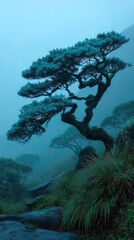 Fototapeta premium Misty mountain scene with a solitary tree
