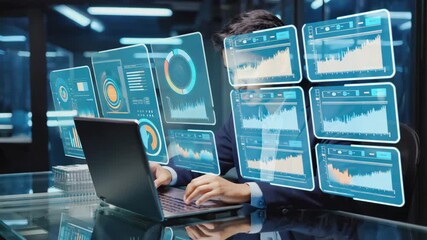 A data scientist analyzing statistical business marketing data on laptop - Powered by Adobe