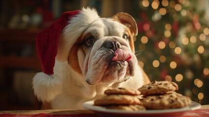 A bulldog in a Santa hat eagerly awaits cookies on a plate, surrounded by holiday decor