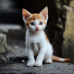 Cute Kitten on Stone Steps.