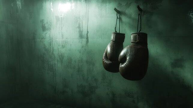 Vintage Boxing Gloves Hanging on a Grungy Wall in a Mysterious and Atmospheric Setting