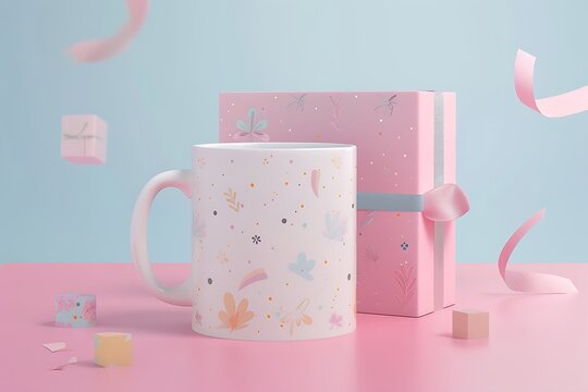 Collection of decorative pastel ceramic coffee mugs with floral and abstract patterns next to pink gift boxes
