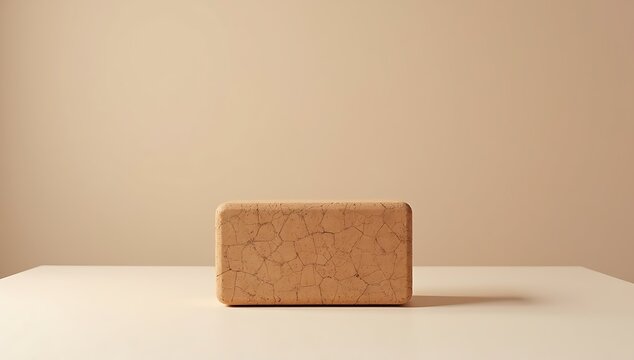 Studio shot of cork yoga block with natural texture, eco fitness accessory on clean neutral surface