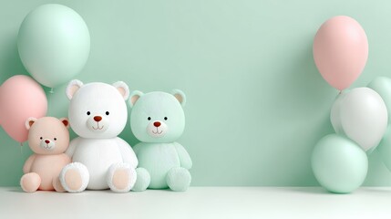 Three teddy bears sitting with pastel balloons.